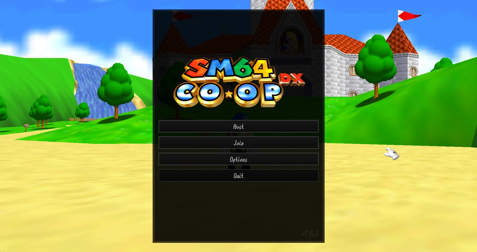SM64CoopDX main menu showing Host, Join, Options, and Quit