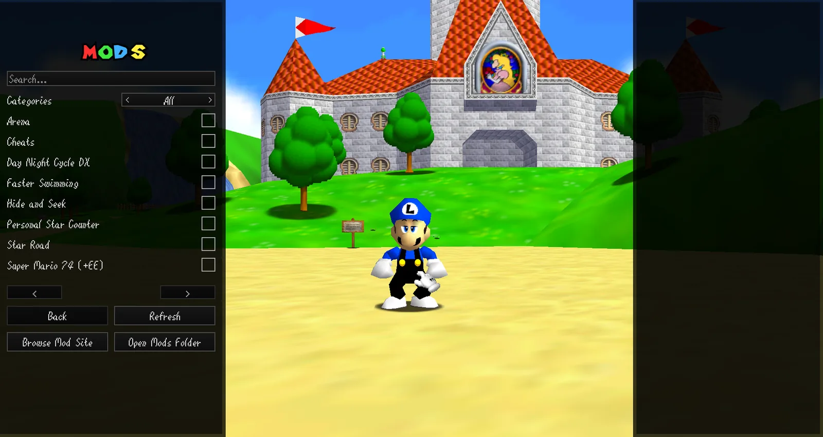 SM64CoopDX Mods menu with a list of available mods