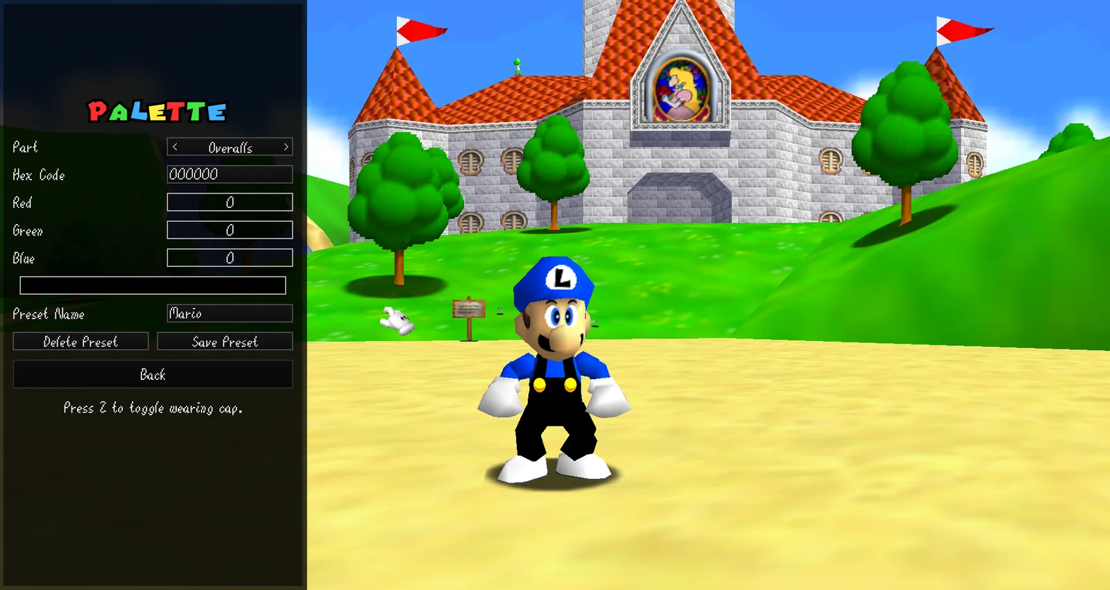 SM64CoopDX palette editor changing Mario to blue and black colors